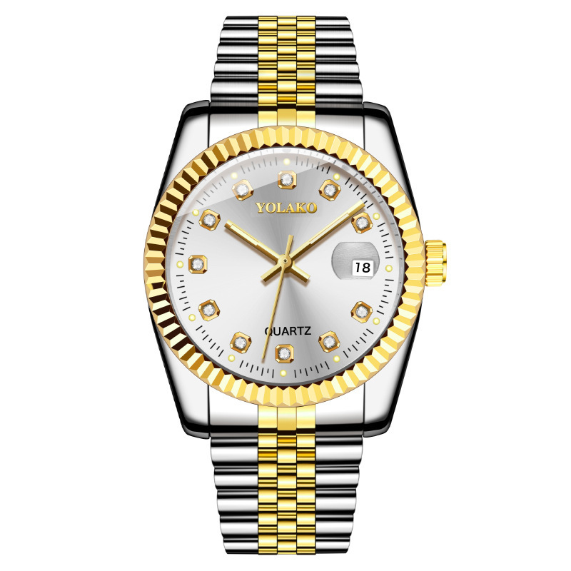 moda popular Relógio de ouro clássico com diamantes incrustados Relógio masculino Relógio masculino Cinto de aço Relógio masculino não mecânico_voghion.com