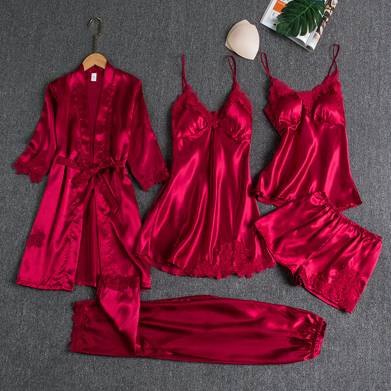 Pajamas for Women Summer Ice Silk Sexy Hot Home Clothes Spring and Autumn Long-Sleeved Thin Large Size Cross-Border Five-Piece Suit Bathrobe Pajamas for Women Summer Ice Silk Sexy Hot Home Clothes Spring and Autumn Long-Sleeved Thin Large Size Cross-Border Five-Piece Suit Bathrobe