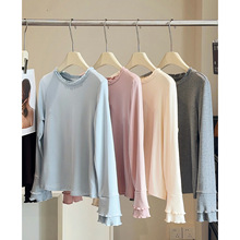 法式双重木耳边圆领长袖t恤加绒打底衫女新款秋冬季花边内搭上衣