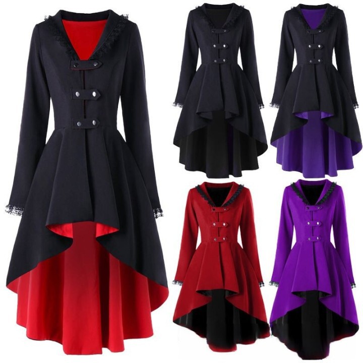 in stock Tuxedo Vintage Long Coat Irregular Hem Dress Distinctive Button Lace Edge Trunkcoat Women's Shadow
