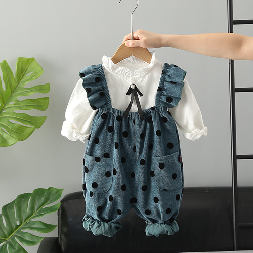 Infants and young children's fashionable autumn polka dot overalls set for children, spring and autumn, girls and babies, new two-piece set