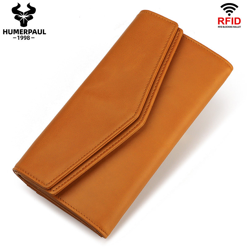 定制RFID欧美复古长款多卡位真皮钱包 女士手拿包 手机包外贸钱夹