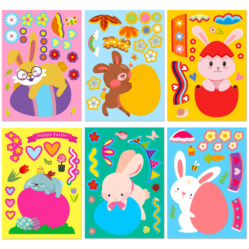 Cross-border 6 pieces/pack Easter egg rabbit jigsaw puzzle sticker shrimp skin children's intelligence puzzle egg face-changing sticker