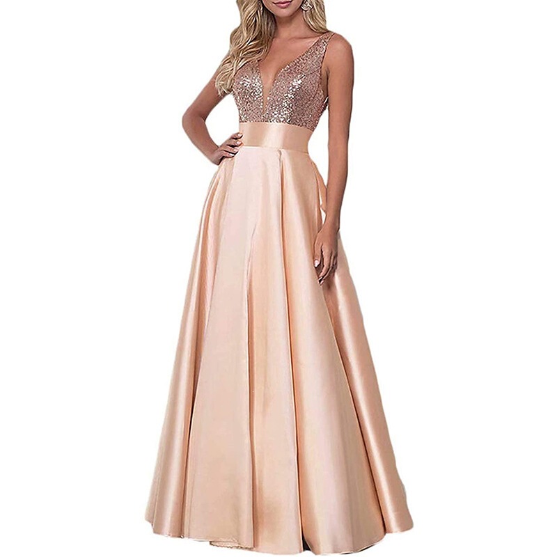 Women's Sequin Rose Gold Evening Dress Ball Gown V-neck Backless Bridesmaid Dress Dinner Party Evening Dress Women's Sequin Rose Gold Evening Dress Ball Gown V-neck Backless Bridesmaid Dress Dinner Party Evening Dress