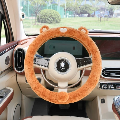 cute puppy car steering wheel – Steering wheel cover - rabbit-fur-frayed-bear-steering-wheel-cover-light-coffee-38cm