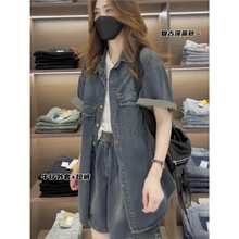 梨形身材穿搭大码女装2023年牛仔外套短裤宽松显瘦两件套时尚套装