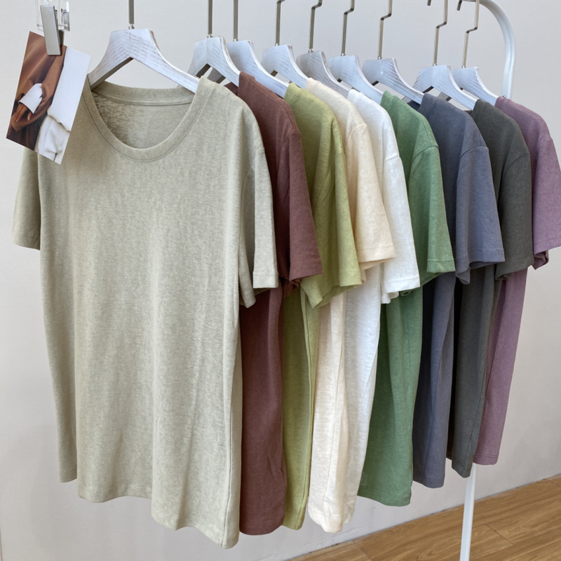 Loose Cotton Linen Short Sleeve T-Shirt for Women 2026 Summer Korean Bamboo Cotton Solid Color Round Neck Top Base Shirt