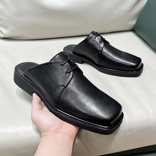 Internet Celebrity Half Slippers for Men, Lazy Slip-Ons, Men's Outer Wear Slippers, Square Leather Shoes, Half Slippers for Men 36761-t