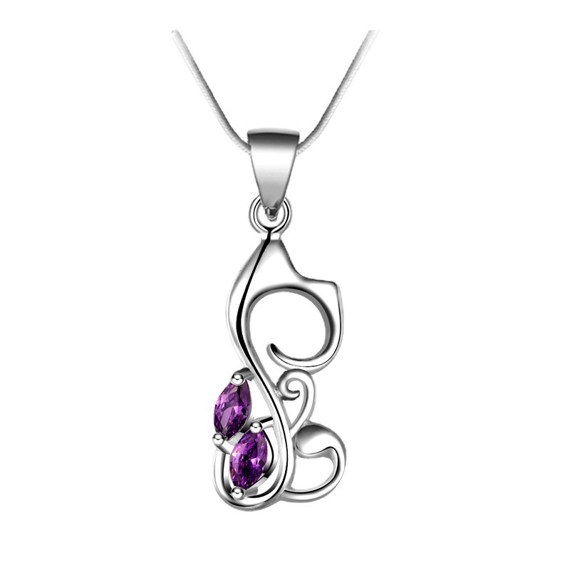Серебряное plated? Wait 'Ins silver plated super flash amethyst cat necklace wholesale hibiscus stone jewelry clavicle chain pendant'