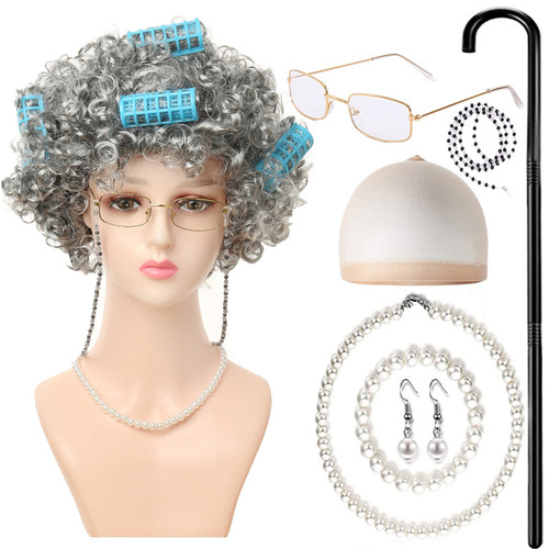 100th day of school COS old lady short curly hair Halloween stage performance old lady white middle-aged elderly hair cover