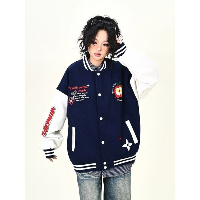 Apple print baseball jacket for men and women, new spring/autumn style, loose fit, American trendy brand, patchwork color-blocking jacket Apple print baseball jacket for men and women, new spring/autumn style, loose fit, American trendy brand, patchwork color-blocking jacket