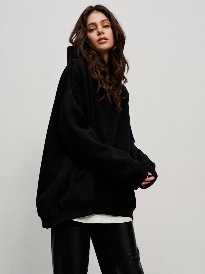 Áo hoodie nỉ lông dáng rộng có mũ và túi, tay dài, dáng unisex — Màu cà phê, Màu hồng, Màu xám, Màu đen chi tiết 63