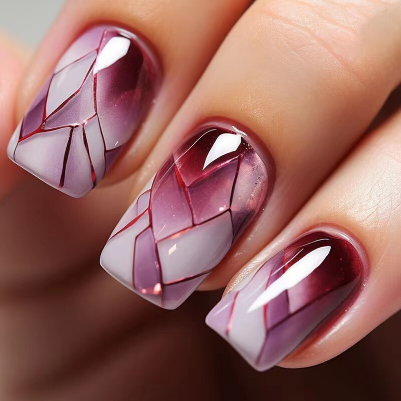 Broken crack wine red glass wear nail European and American Square mid-length nail art piece finished nail piece wholesale