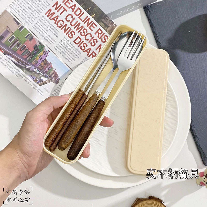 South Korea Ins Style Portable Spoon Fork Chopsticks Three-piece Set Vintage Wooden Handle Stainless Steel Spoon Fork Chopsticks Tableware suit