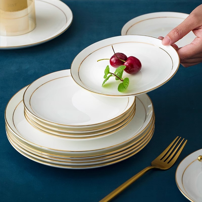 景徳鎮ゴールドエッジプレートボーンチャイナディッシュプレートクリエイティブ家庭用食器ラウンドフラットプレート西洋ディッシュボーンプレートライト高級プレート|undefined