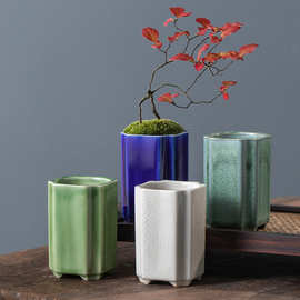 工厂直供小方筒冰裂釉迷你花盆酒店花瓶创意陶瓷桌面盆栽摆件多肉