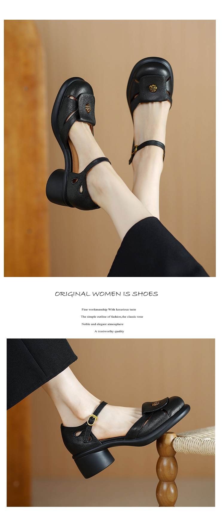 Sandal nữ đế dày 5cm gót hoa trà quai ngang khóa mũi — đen chi tiết 6