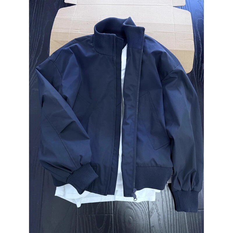 Navy Blue Stand-Up Collar Bomber Jacket for Men, Spring and Autumn American-Style Short Jacket, Couple's High Street Baseball Jacket Navy Blue Stand-Up Collar Bomber Jacket for Men, Spring and Autumn American-Style Short Jacket, Couple's High Street Baseball Jacket