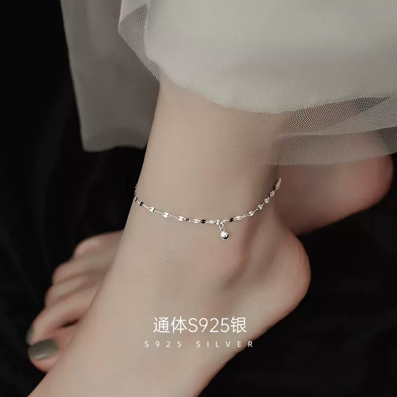 榕树下S925银转运珠脚链简约2022年新款潮轻奢圆珠足链女夏季饰品