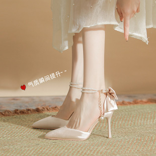 Xinzhilan New pointed stiletto heel hollow heel bow fairy style high heels versatile commuter Internet celebrity design