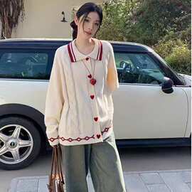 仿貂爱心纽扣毛衣外套秋冬新款宽松慵懒风洋气学院风针织开衫上衣