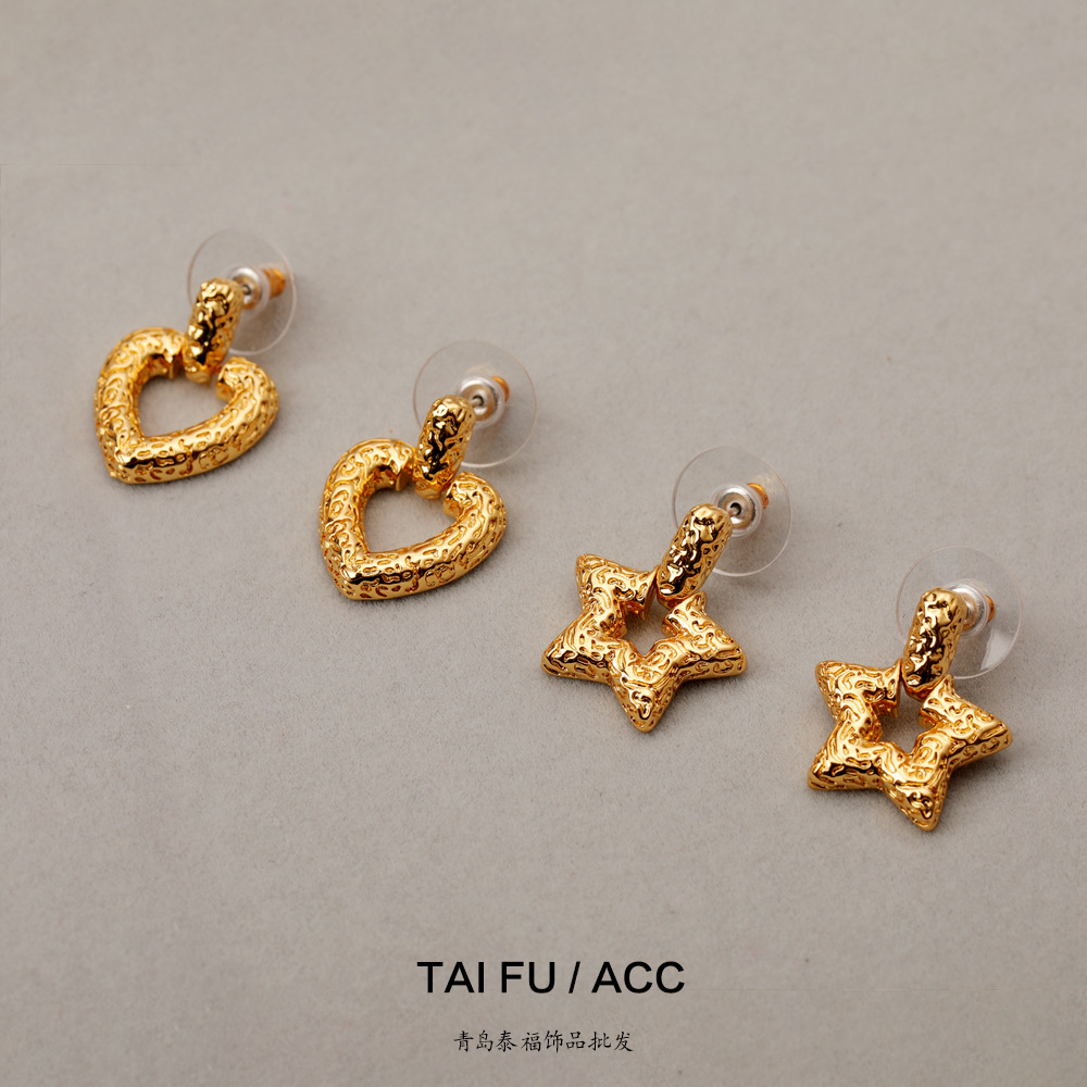 小眾創意凹凸肌理金屬質感歐美幾何方框黃銅鍍金925銀針耳釘耳環