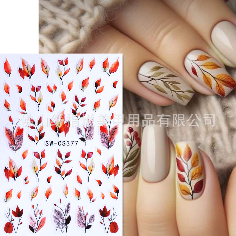 Cross-Border Maple Leaf Nail Art Stickers Wholesale 3D Autumn Fallen Leaves Black Leaves Flowers and Plants Heart-Shaped Adhesive Nail Decals