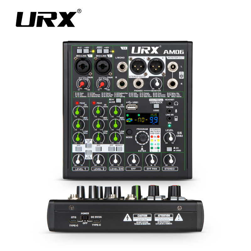 (2개) URX AM06 6 채널 믹서 라이브 방송 휴대 전화 컴퓨터 믹싱 사운드 카드 녹음 야외 OTG 블루투스 반주