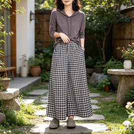 复古格子阔腿裤女宽松裤裙夏季薄款宽松高腰九分裤小个子棉麻裤子