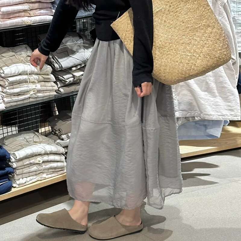 Grey Veil Skirt Women's Summer Thin 2025 New High Waist Slim Look Small Skirt A- line Fairy Skirt Umbrella Skirt