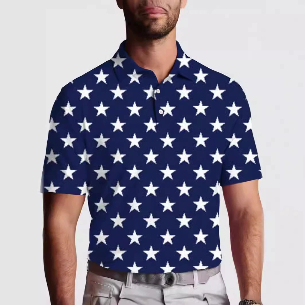 Рубашка-поло для гольфа со звездным флагом, мужская одежда с короткими рукавами для спорта на открытом воздухе, быстросохнущая, цифровая печать, кросс-боди