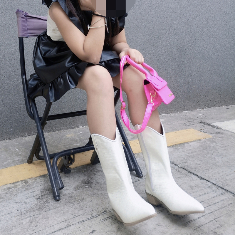 2022 European and American Export Autumn and Winter New Style Jianji Ins Style Fashionable High-Heeled Small and Medium-Sized Girls Pointed Mid-Calf Leather Boots