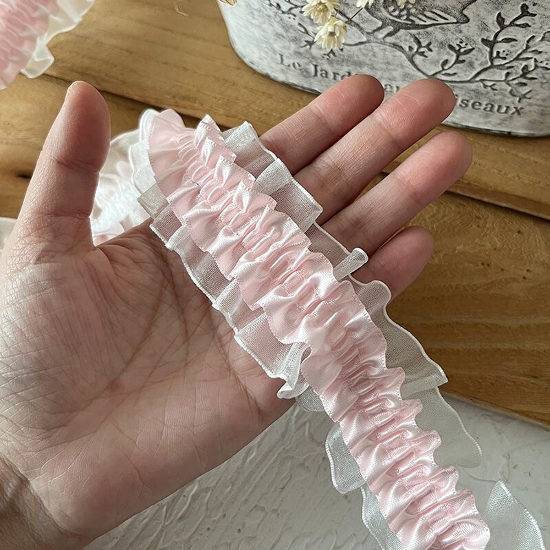 4cm Wide Small Chanel Style Double Layer Elastic Lace Pleated Lace Accessories Lolita Clothing Curtain Pillow Decoration