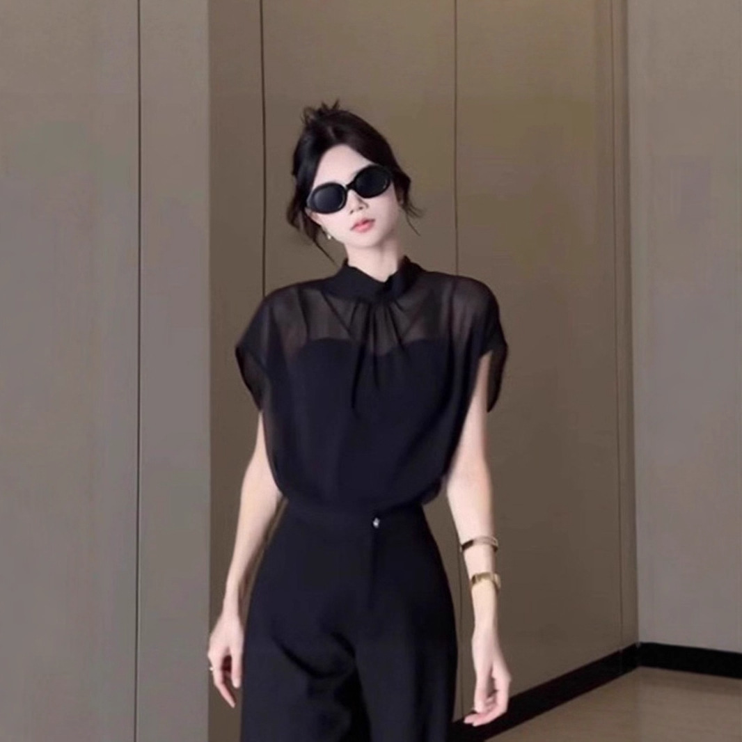 여성을위한 블랙 Tulle Bow Tie 스탠드 칼라 반팔 쉬폰 셔츠 2025 여름 새로운 패션 스타일 탑