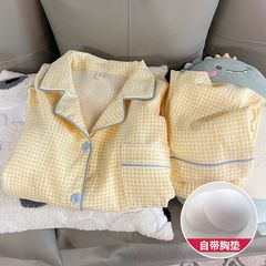源工場は胸パッド付きの春と秋のパジャマ女性の新型雲綿の長袖の小さい襟の長袖のズボンのレジャー家です。