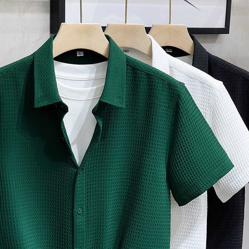 Waffle Texture Short-Sleeved Shirt for Men, Summer Business Casual, Three-Dimensional Korean Style Slim-Fitting Half-Sleeved Shirt for Men