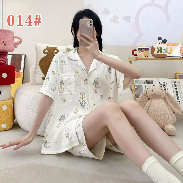 クラウドコットンパジャマ女性の夏の半袖ショーツカーディガンラペルルーズ外国貿易ライブブロードキャストルーズクロスボーダーホーム服|undefined