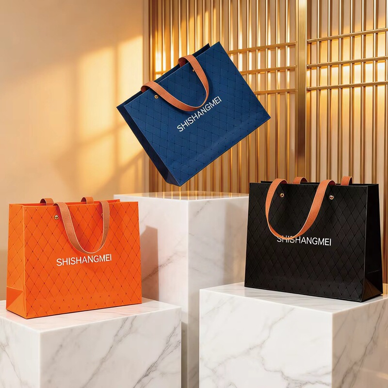 Gift box handcrafted luxury navy blue PU handle shopping bag, with special paper packaging, wholesale