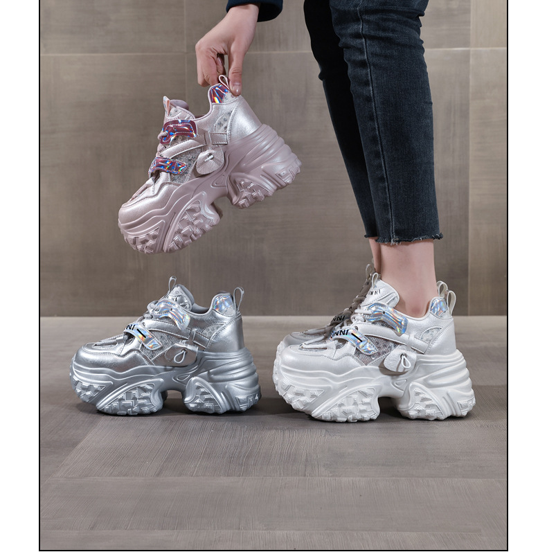 Giày sneaker nữ đế dày tăng chiều cao bên trong, đế bánh xốp mềm mại — Lưới đôi màu hồng nude chi tiết 17