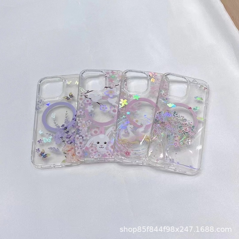 适用iPhone16promax卡通涂鸦樱花手机壳苹果15镶钻极光炫彩磁吸壳|undefined
