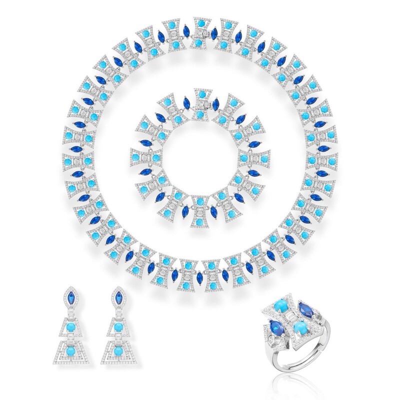 Cross-Border Live Streaming Supply Source: Blue Marquise Jewelry Set, Gold-Plated, European and American Retro Style, Women's Wedding Dress Four-Piece Set