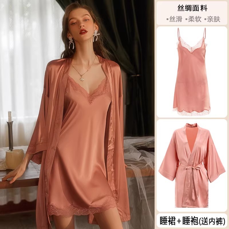 Cherry pink: including suspender skirt + robe [silk model without padding]
