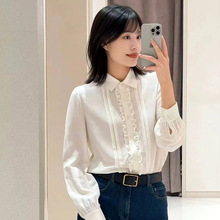 高端16姆米双绉真丝衬衣木耳花边长袖桑蚕丝上衣女春秋季新款衬衫