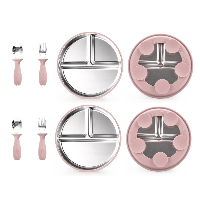 라이트 핑크 6개 - 실리콘 스테인리스 스틸 디너 접시 2개 + 스테인리스 스틸 포크와 스푼 2쌍