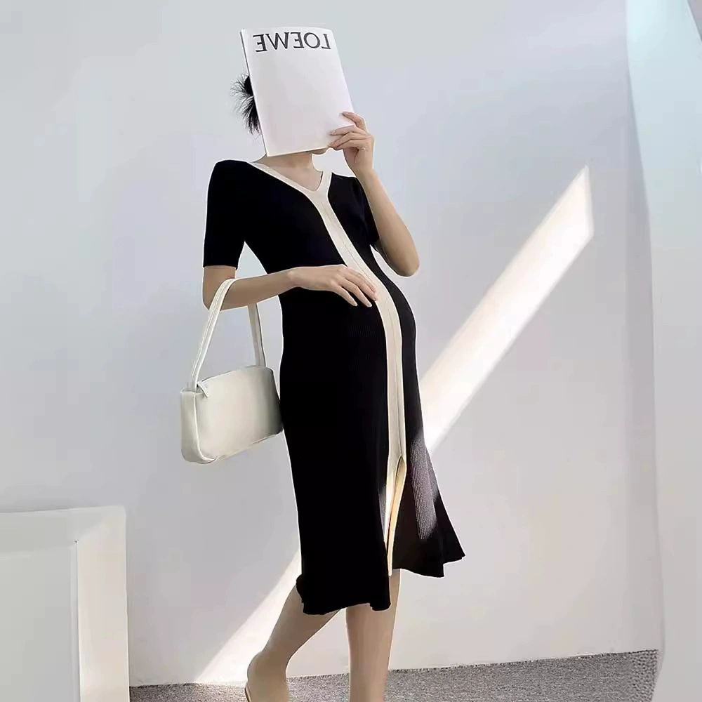 Летнее облегающее платье для беременных в стиле ретро с V-образным вырезом, двустороннее трикотажное платье из ледяного шелка в стиле французской Шанель