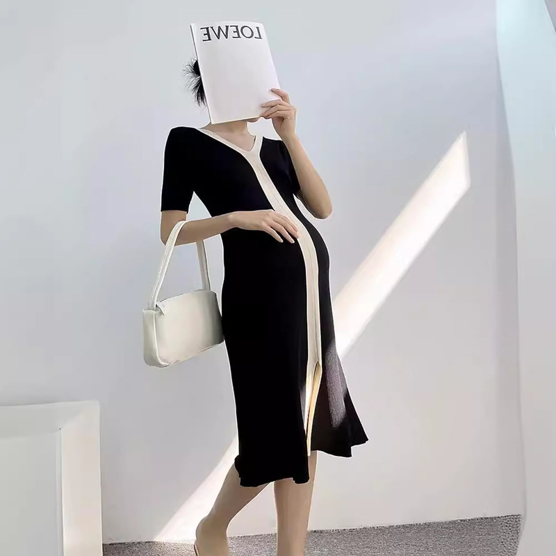 Pregnant women's retro V-neck slim-fit dress summer French Chanel style double-sided ice silk knitted dress
