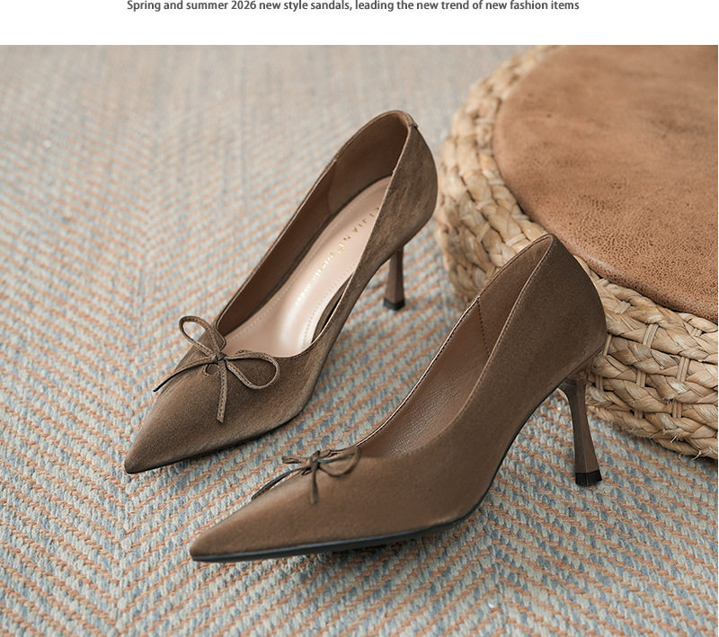 Giày cao gót nữ mũi nhọn gót mảnh 6–8 cm trang trí nơ thanh lịch, đi êm chân — Màu kaki, Màu nâu chi tiết 11