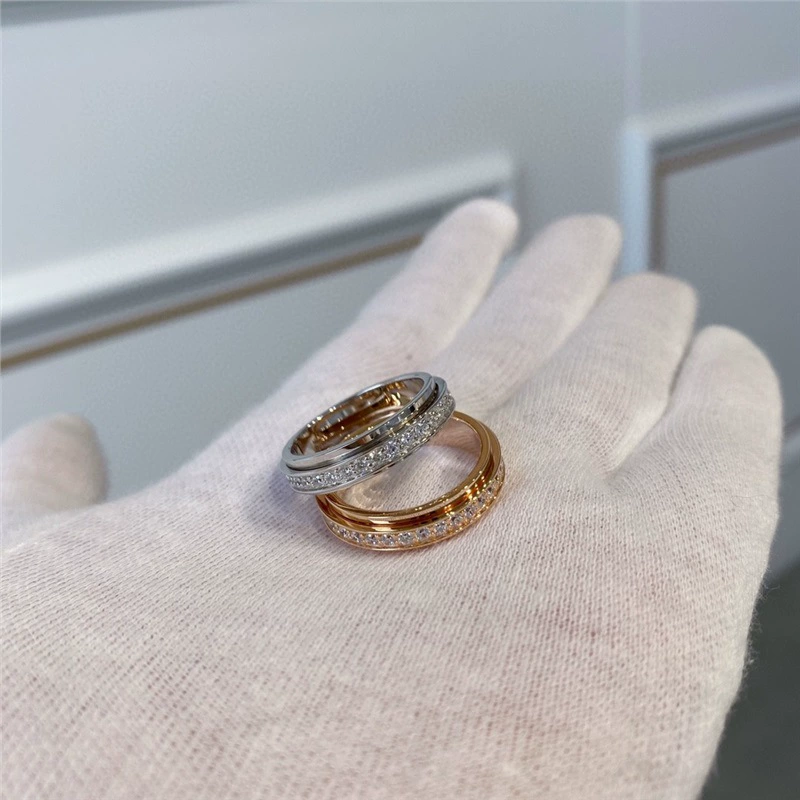 Кольцо V золото, позолота розовым золотом 18K и варианты из серебра, вращающийся круг с бриллиантом, один камень или 7 камней (размеры 5–10)
