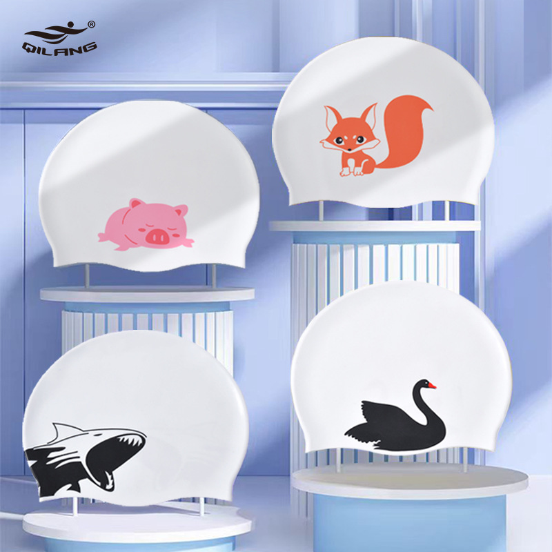 Sombrero de baño de silicona para niños adultos dibujos animados impresión de animales impermeable para hombres y mujeres cabello largo protector de orejas no estrangulación de la cabeza