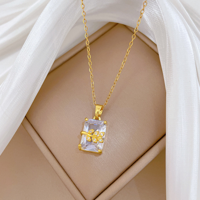 Foglie rettangolari, lusso leggero, splendida collana interamente tempestata di diamanti, catena versatile per clavicola da donna, catena in acciaio al titanio_voghion.com
